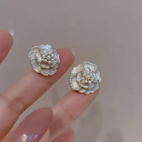 Enamel Flower Pearl Stud Earrings